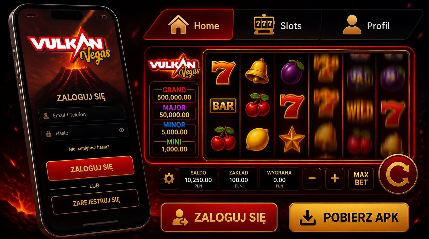 Interfejs aplikacji Vulkan Vegas na ekranie telefonu, wyświetlający logowanie oraz menu główne