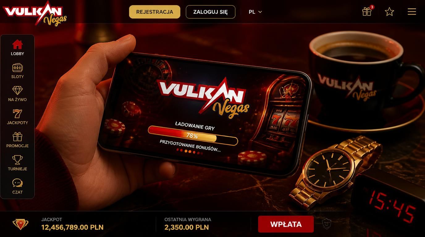 Smartfon z grą Vulkan Vegas startującą bardzo szybko obok filiżanki kawy