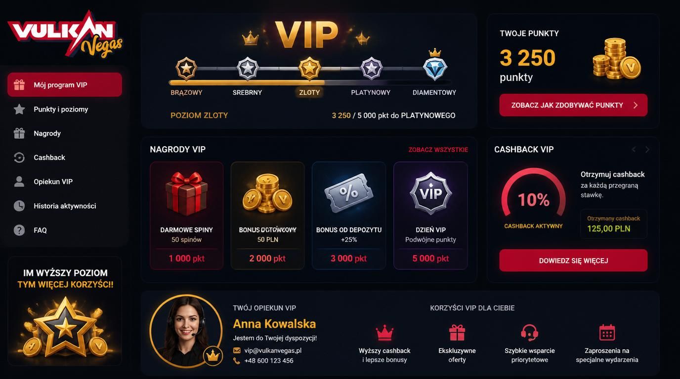 Schemat programu lojalnościowego Vulkan Vegas z VIP-poziomami i nagrodami
