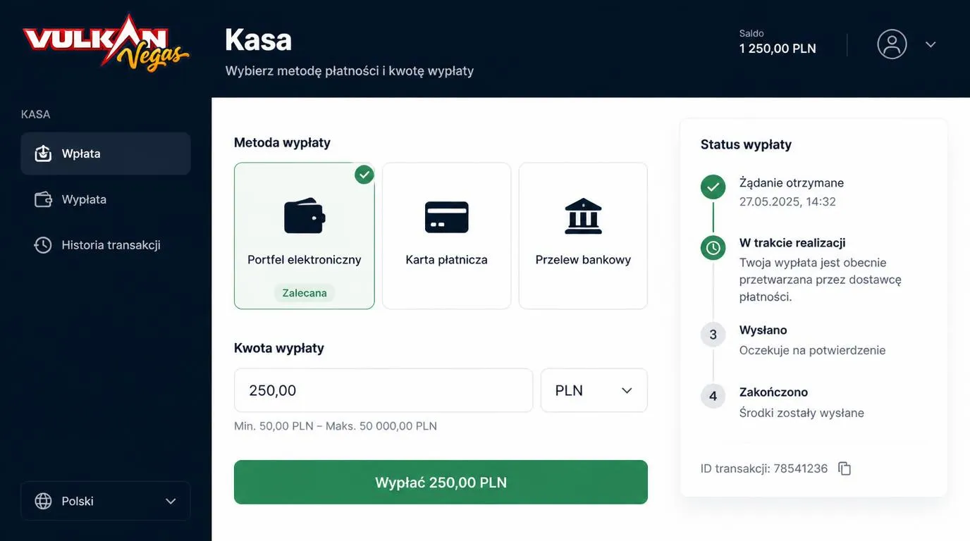 Panel kasjera z portfelem elektronicznym, kartą i przelewem oraz podglądem czasu wypłaty i limitów