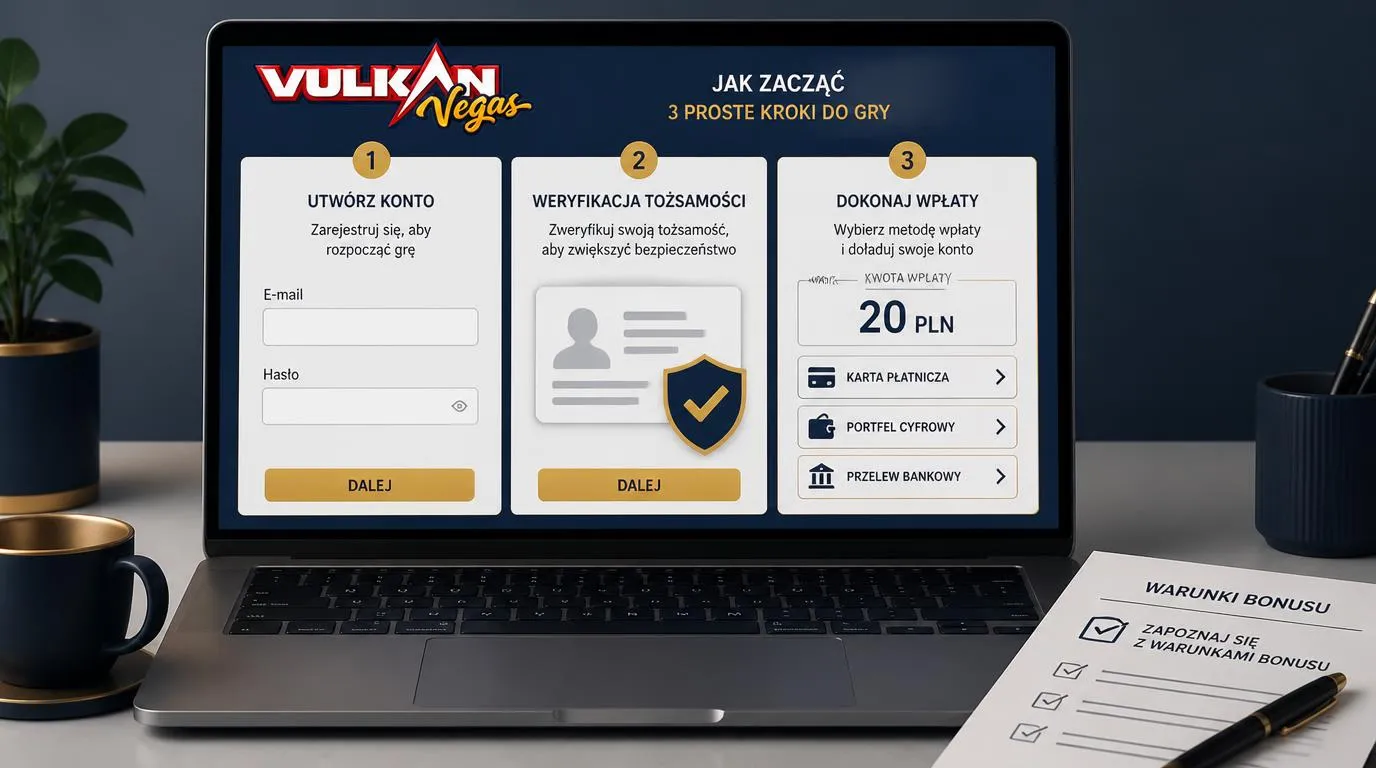 Ekran rejestracji, weryfikacji tożsamości i kasy z depozytem 20 PLN na laptopie