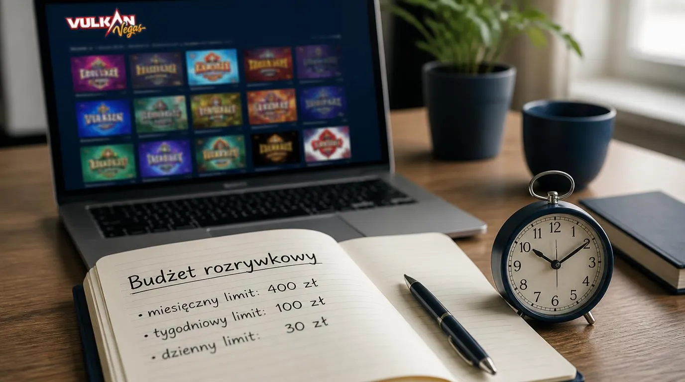 Notatnik z budżetem rozrywkowym i zegar obok laptopa z kafelkami gier kasynowych
