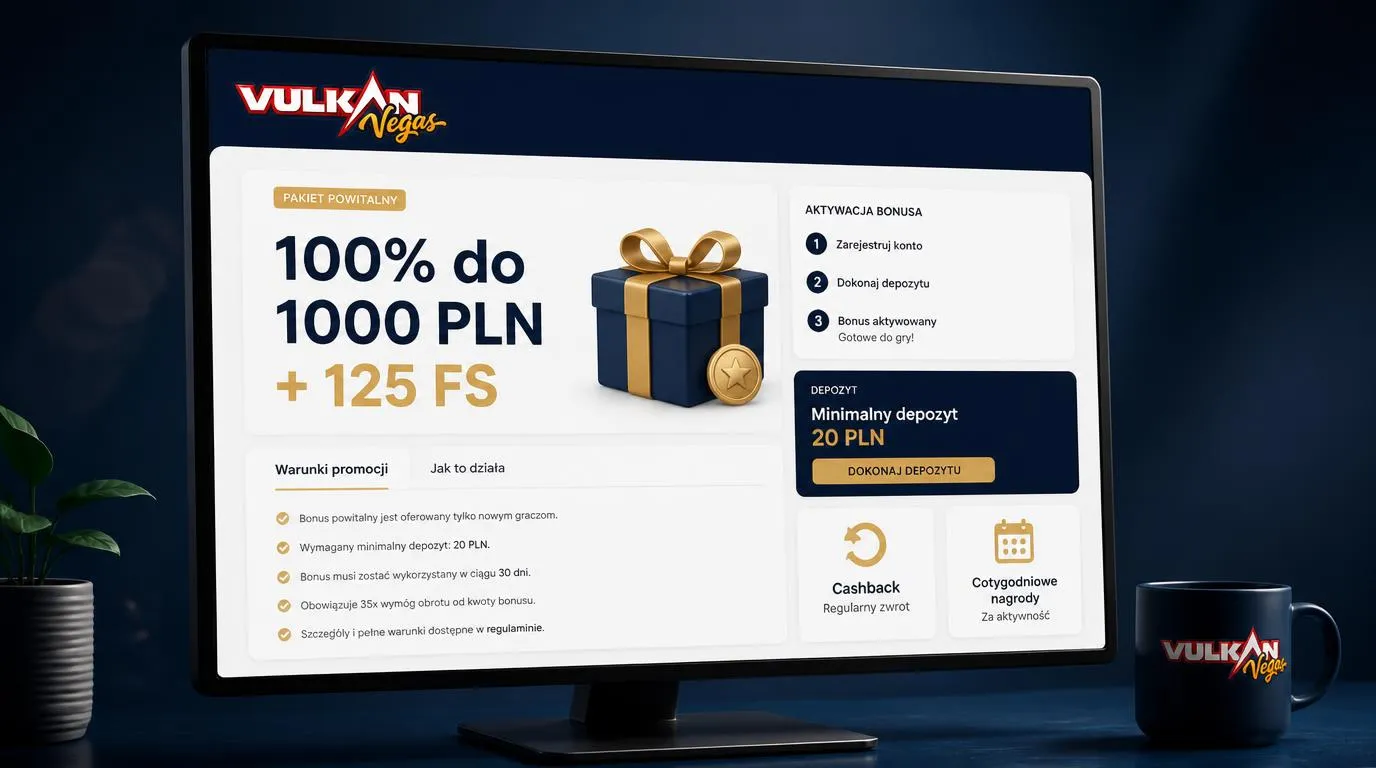 Panel bonusu powitalnego 100% do 1000 PLN i 125 FS z informacją o minimalnym depozycie 20 PLN